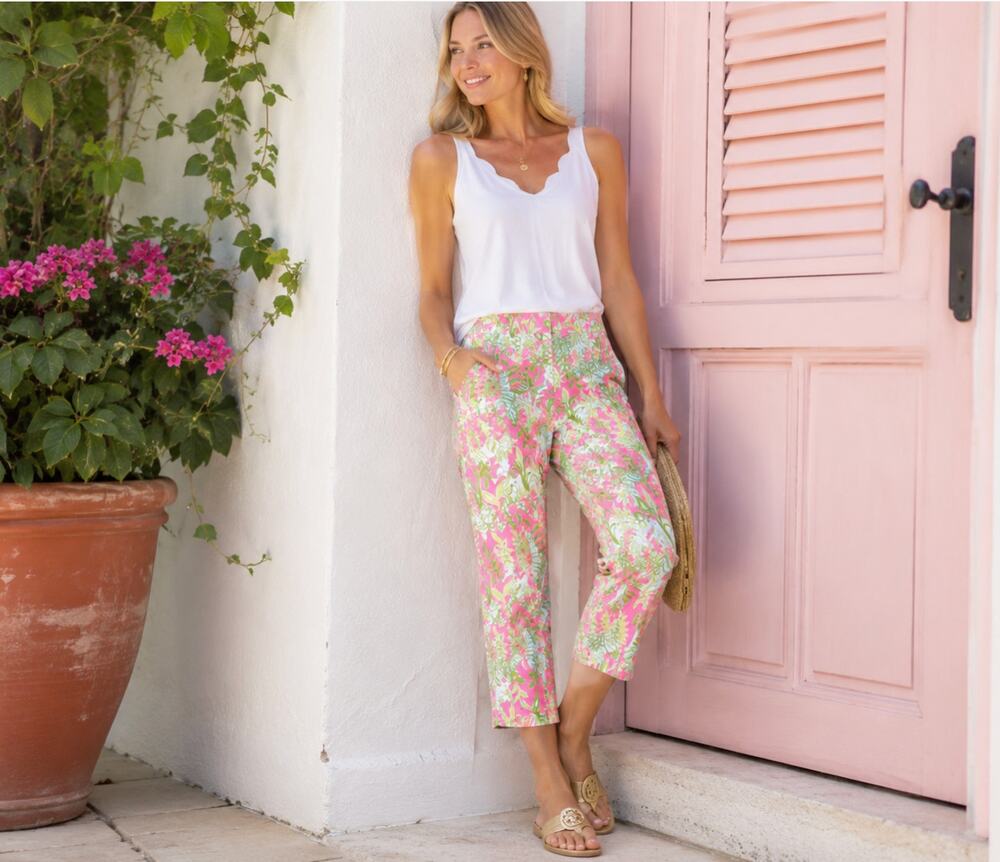 Lilly Pulitzer Pink Green Tropical Floral Cropped Capri Pants Size 8